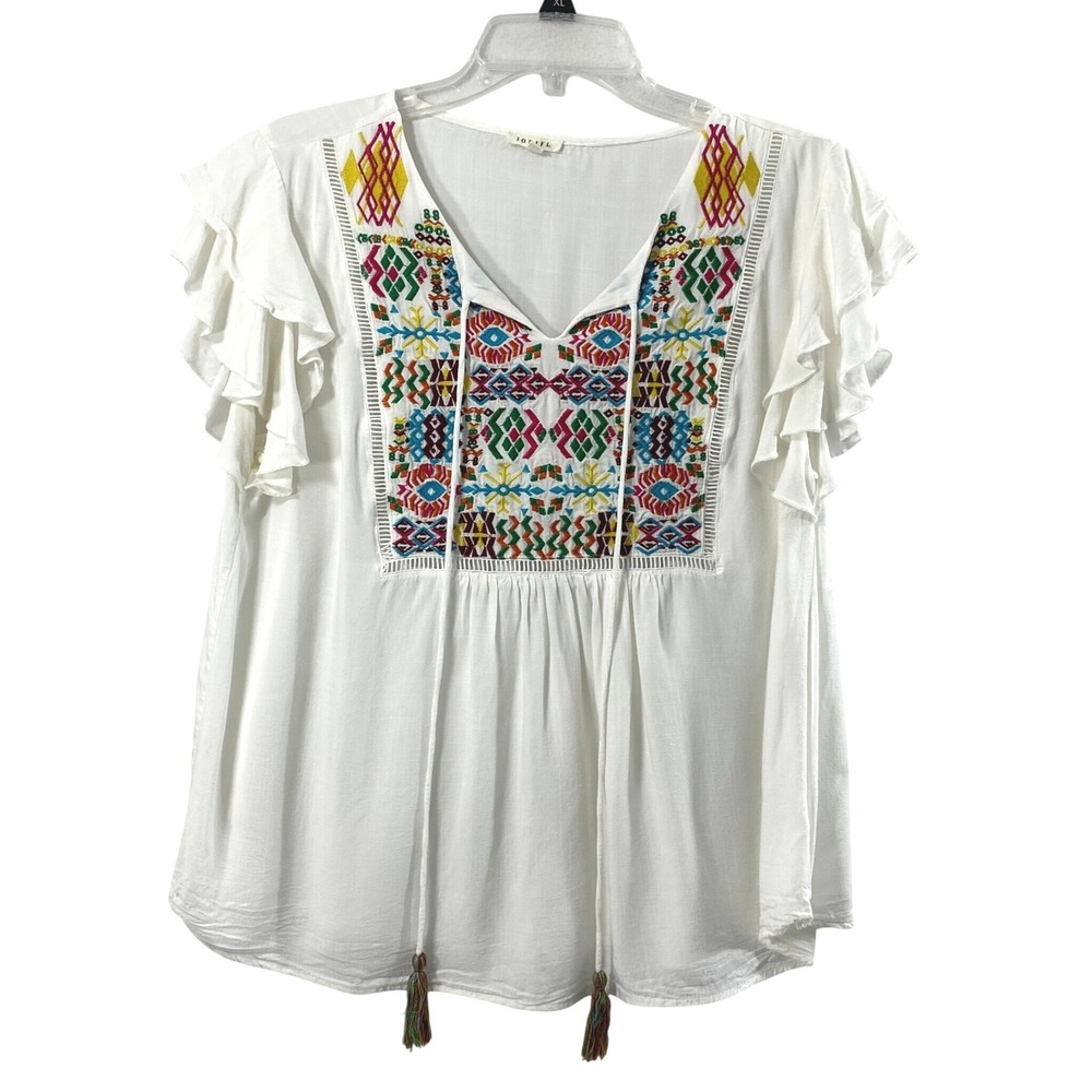 Jodifl Blouse Women Medium White Embroidered Boho Ruffle Sleeve Hippie Top‎